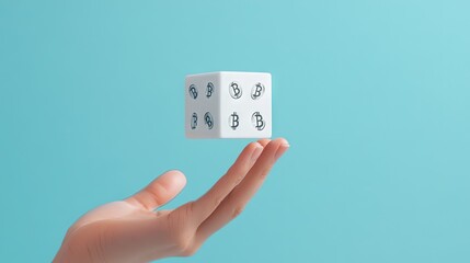 A clean, minimalist image of a hand holding a white 3D cube adorned with bitcoin symbols on each face, against a light blue backdrop.