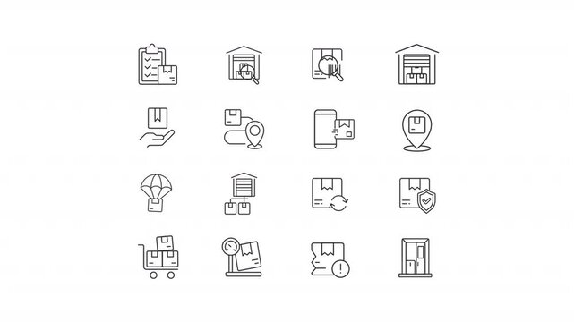 Delivery types animation set. Transportation service animated line icons. Parcel safety, shipping packages. Black illustrations on white background. HD video with alpha channel. Motion graphic