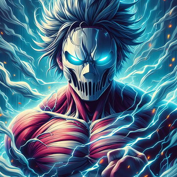 Epic Anime MC in a Ghost Mask with Lightning and Flame Effects &ndash; Perfect for T-Shirts, Posters, Music Covers, YouTube Thumbnails, Print-on-Demand, Wallpaper , and Artistic Backgrounds