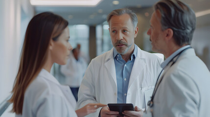 Fototapeta premium Pharmaceutical sales representative talking with doctors in medical building, presenting new medication on tablet. Hospital director, manager in modern clinic with doctor and nurs