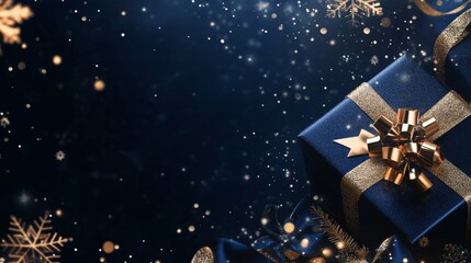 Elegant Christmas Banner with Gold Accents, Gift Box, and Holiday Copy Space