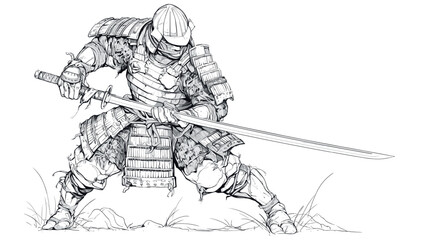 Japanese Medieval Warrior in Armor Standing in Fighting Stance with Sword Coloring Book Page Kids Detailed Samurai Illustration Brave Pose Historical Scene Fierce Warrior Art Page