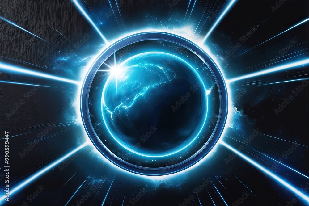 Poster radiant azure energy sphere encased in a floating cosmic beam frame on dark canvas