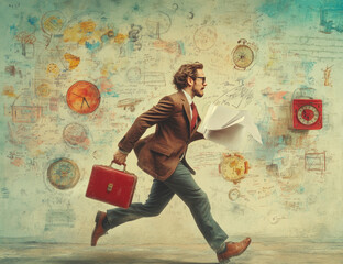  A young man in a suit and glasses running with a red briefcase full of papers, clock drawings on the wall behind him, various map symbols floating around. Created with Ai