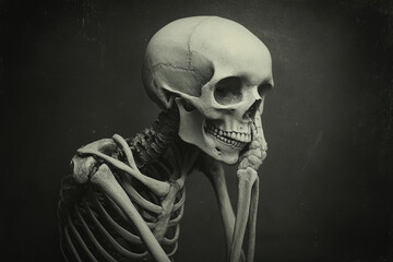 A black-and-white photograph of a skeleton with its hand in its mouth. Created with Ai