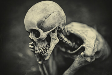 A skeleton with its mouth open, with the lower jaw on one side slightly out of place and only half visible in an eerie black-and-white photograph. Created with Ai