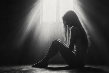 Silhouette of a depressed woman sitting on the floor in a dark room, with rays of light shining through the window. Created with Ai