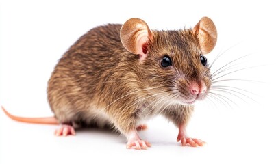 A brown and white mouse is standing on a white background