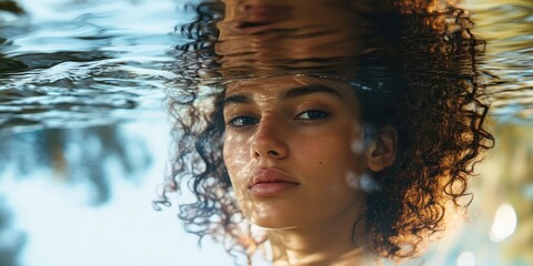 Fototapeta premium A woman's face partially submerged in water with curly hair.