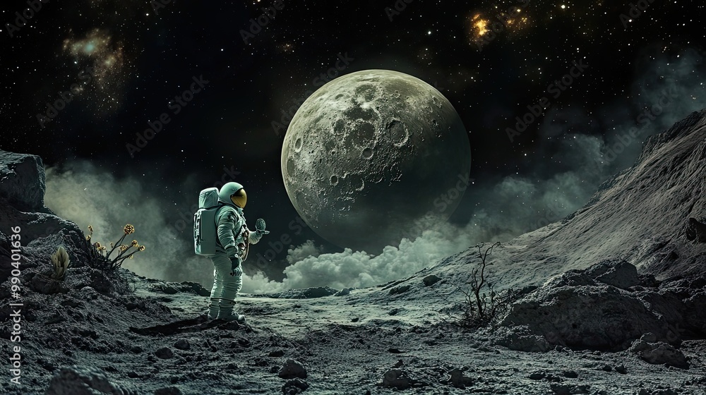 Poster an astronaut standing on a rocky alien planet with a large moon in the background