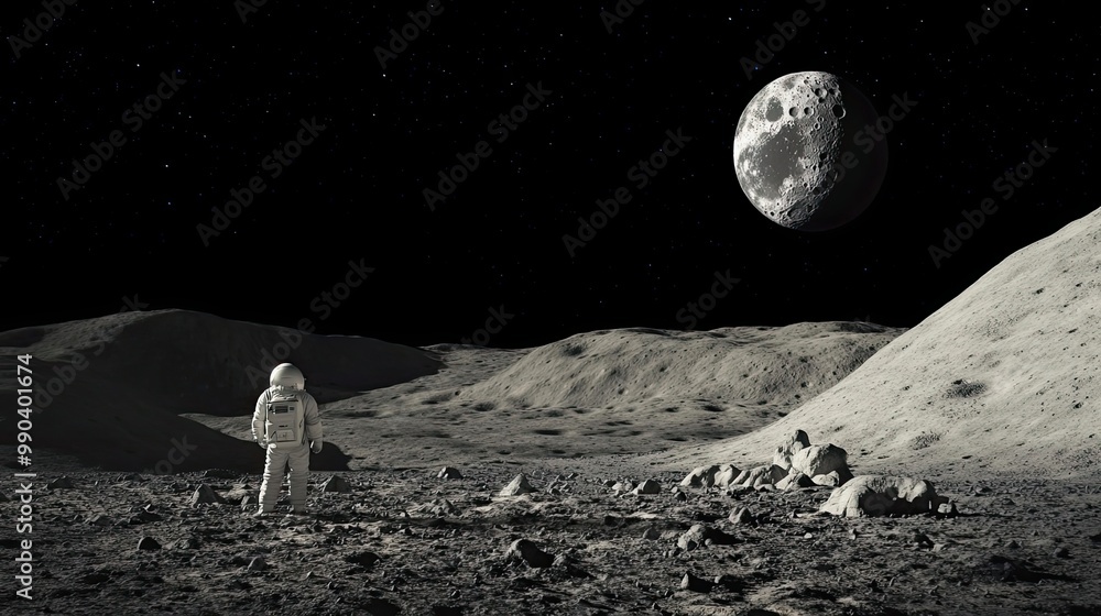 Poster astronaut standing on the lunar surface with the moon in the background