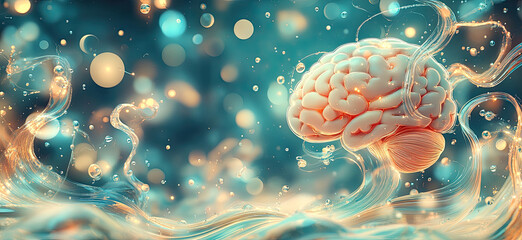 An artistic representation of the human brain surrounded by waves, representing its complex and dynamic nature. Created with Ai