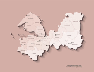 Vector isolated administrative simplified map with beige silhouettes of regions in Leningrad Oblast including Saint Petersburg. Brown background and citys names in english language