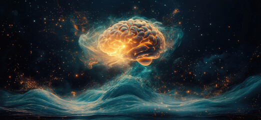 An artistic representation of the brain in an explosion, with waves and glowing energy emanating from it, set against a deep space or starry sky background. Created with Ai