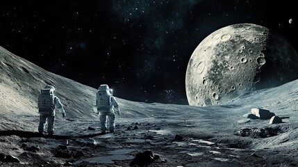 Two Astronauts Exploring a Cratered Moon Landscape