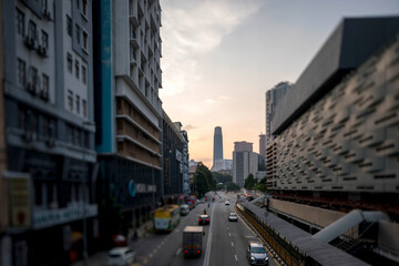 Urban view of Kuala Lumpur City in the morning. Direct view towards Tun Razak Exchange tower. Urban city backdrop.