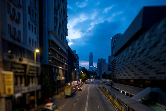 Urban view of Kuala Lumpur City in the morning. Direct view towards Tun Razak Exchange tower. Urban city backdrop.