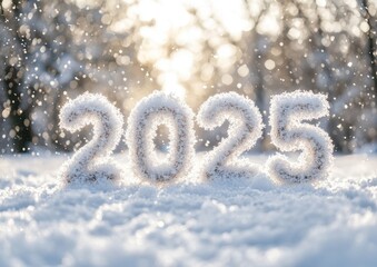 A snow-covered field with the letters "2025" written in the snow