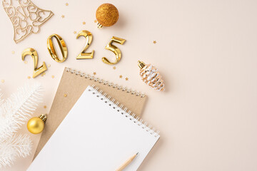 Overhead view of a New Year 2025 theme with decorative elements, notepad, and pen, symbolizing...
