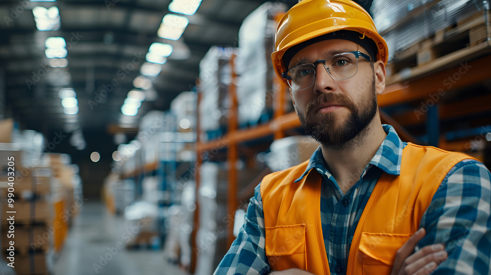 Poster portrait of engineer controlling machine in modern industrial factory. manufacturing facility with r