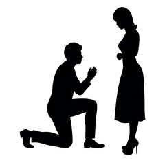 a black silhouette of a man kneeling on the ground with his hands clasped together in prayer. He appears to be kneeling in front of a woman