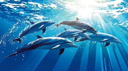 Obraz premium A pod of dolphins swim through the crystal clear water, sunlight streams through the surface.