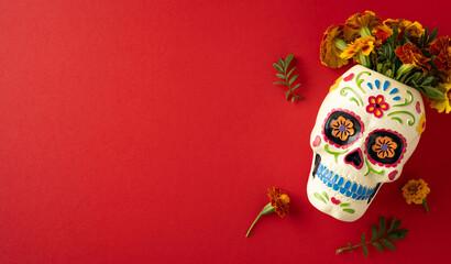 Decorative skull for Day of the Dead celebration with vibrant marigold flowers on a red background....