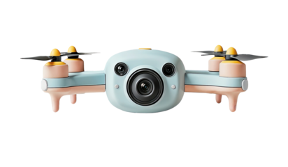 A cute blue and yellow toy drone on a white background.
