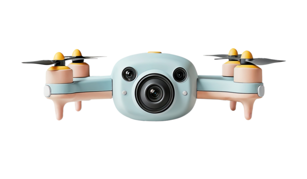 A cute blue and yellow toy drone on a white background.