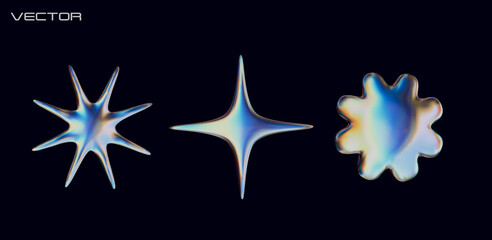 Three holographic chrome element in Y2K style. 3D abstract futuristic stars and flower isolated on dark background. Vector shapes