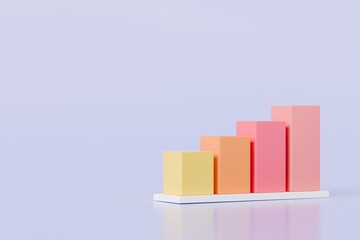 3D Bar Chart with arrow rising icon on isolated purple background. Soaring finances, strengthening currency concept. Minimal Data analysis bar pie graph growth up with an arrow rising icon. 3d render.