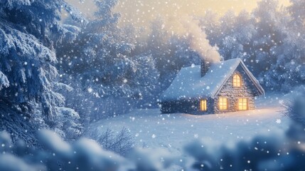 Naklejka premium Cozy Winter Cottage Brochure with Snow and Copy Space for Text