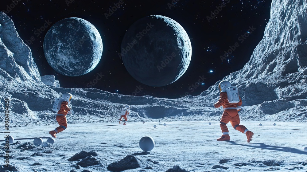 Wall mural astronauts running on a lunar surface with two moons in the background