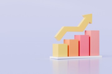 3D Bar Chart with arrow rising icon on isolated purple background. Soaring finances, strengthening currency concept. Minimal Data analysis bar pie graph growth up with an arrow rising icon. 3d render.