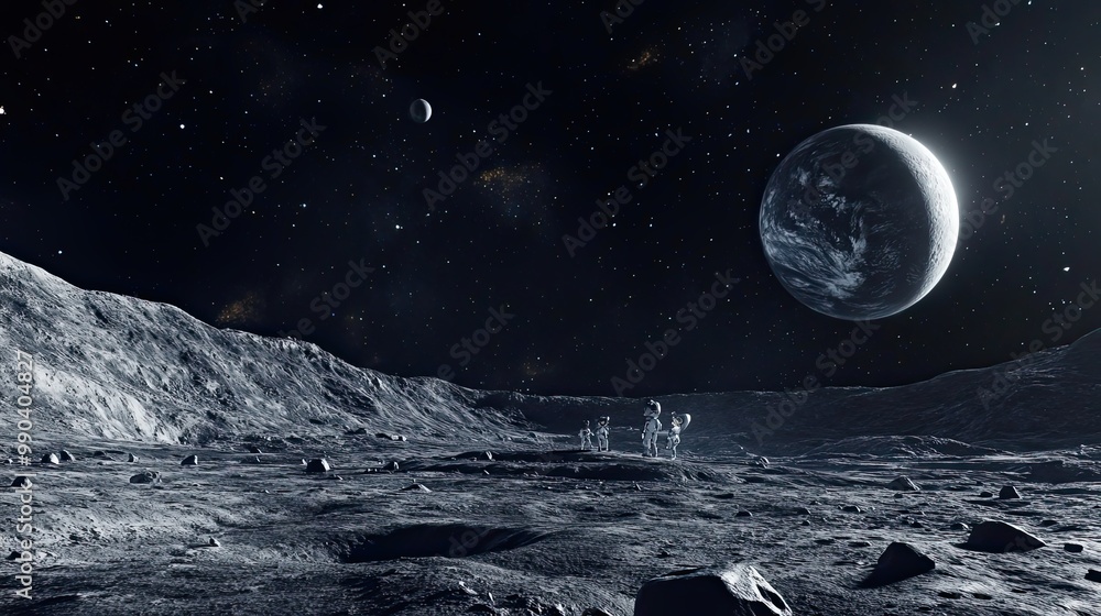 Poster astronauts exploring a lunar landscape with a distant planet