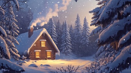 Winter Cottage at Dusk Brochure with Warm Light and Ample Copy Space