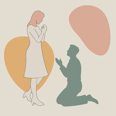 a black silhouette of a man kneeling on the ground with his hands clasped together in prayer. He appears to be kneeling in front of a woman