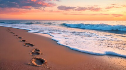 Tranquil Beach at Sunset with Gentle Waves Lapping the Shore