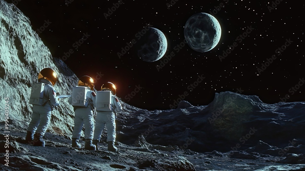 Canvas Prints three astronauts exploring a moon-like landscape with two moons in the night sky