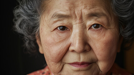 A detailed close-up portrait of an elderly woman with a calm, gentle expression, highlighting her wrinkles and gray hair.

