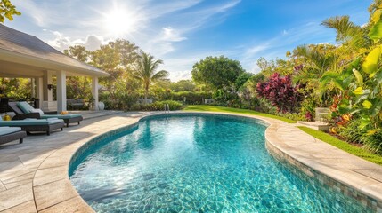 A luxurious curved swimming pool with clear turquoise water, set in a beautifully landscaped backyard with vibrant greenery and a stone patio under a sunny sky.