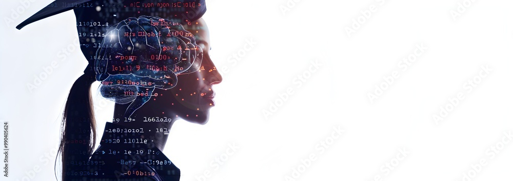 Poster a double exposure of an ai brain and digital code, creating the silhouette profile of a student wear