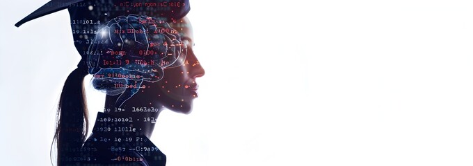 A double exposure of an AI brain and digital code, creating the silhouette profile of a student wearing a graduation cap, against a white background