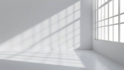 Obraz premium Abstract white room interior with window light and shadow on wall background, clean and minimal white background with geometric light elements for business