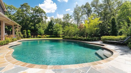 A luxurious curved swimming pool with clear turquoise water, set in a beautifully landscaped backyard with vibrant greenery and a stone patio under a sunny sky.