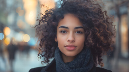 Fototapeta premium Portrait of young woman with curly hair in the city