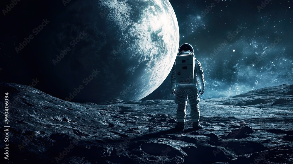 Poster astronaut standing on a lunar surface with a large planet in the background.