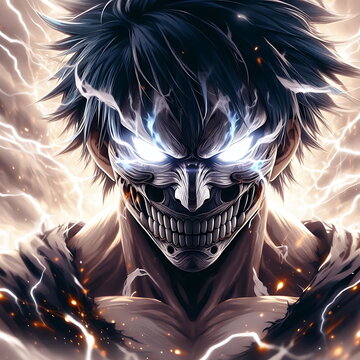 Epic Anime MC in a Ghost Mask with Lightning and Flame Effects &ndash; Perfect for T-Shirts, Posters, Music Covers, YouTube Thumbnails, Print-on-Demand, Wallpaper , and Artistic Backgrounds