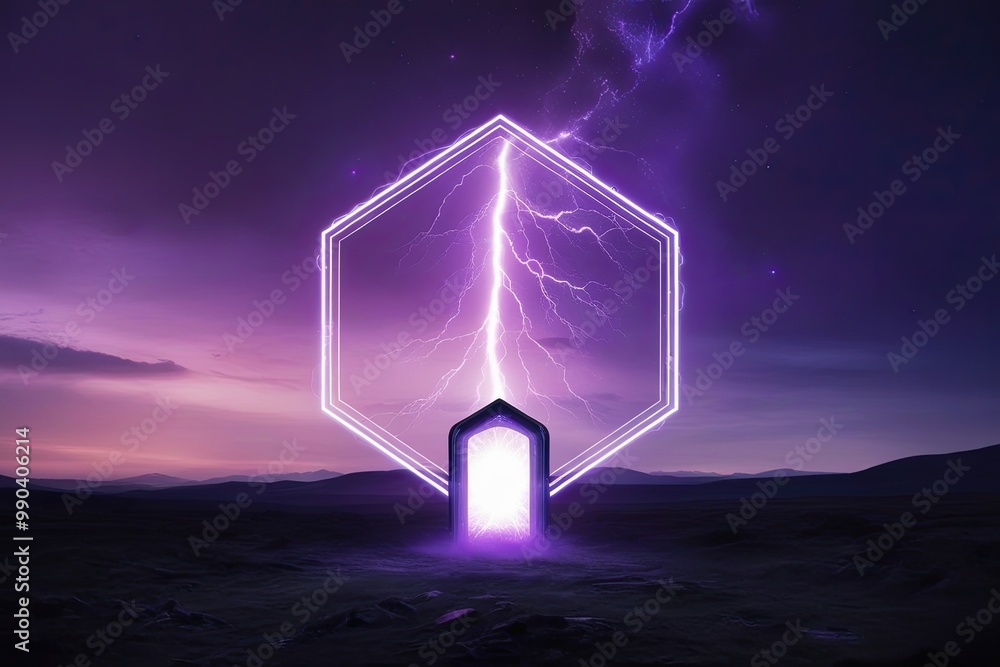 Poster vibrant violet electric arc in hexagonal frame with cosmic gateway over twilight landscape