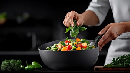 Chef's Precision: A skilled chef's hand delicately adds fresh herbs to a vibrant stir-fry, showcasing the art of culinary creation in a sleek, modern kitchen setting.